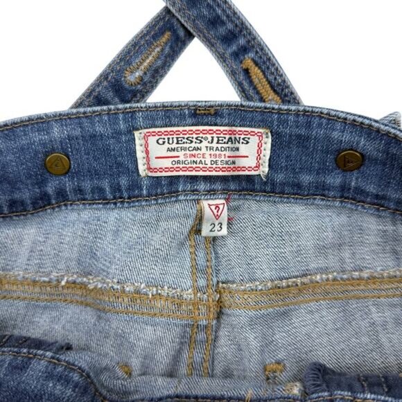 GUESS Distressed Tapered Leg Denim Overall Sz 23 Blue - Picture 7 of 10